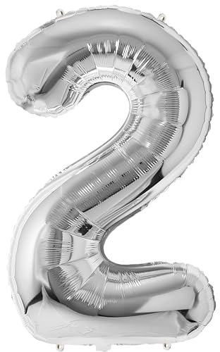 FUNFEST 2 Jahre Geburtstagsballons, silberfarben, 100 cm – Geburtstagsballon-Dekoration – inklusive 2 Jahre altem XL-Ballon und Strohhalm – Fliegen mit Helium