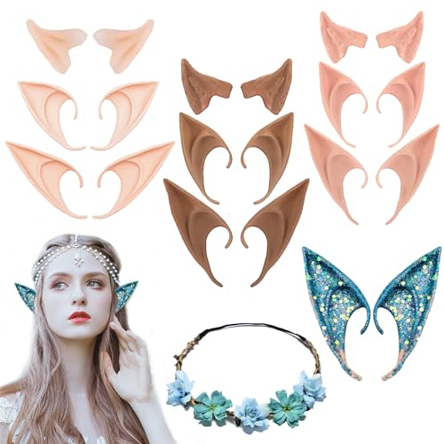KAYEF 10 Paar Elfenohren und 1 Kopfschmuck-Girlande, weiche Elfenohren für Kinder und Erwachsene, geeignet für Elfen-Cosplay, Halloween, Karneval, Party-Deko-Zubehör, 3 Größen (hell, rosa, dunkel)