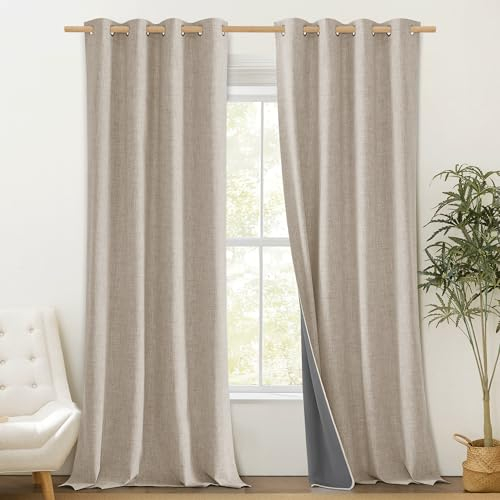 PONY DANCE Leinen Vorhang Beige Blickdicht Gardinen Wohnzimmer mit Ösen 2er Set H 245 x B 132 cm 100% Verdunklungsgardine mit Beschichtung Thermovorhang gegen Kälte, Hellbeige