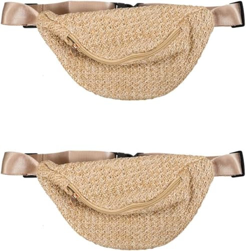 Sac à bandoulière en paille pour femme - Sac banane en paille - Sac banane en paille, 2 pièces marron clair, Classique