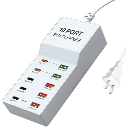 Estación de Carga USB, Cargador USB de 10 Puertos, Adaptador de Cargador múltiple USB C, Cargador rápido PD 30W, Compatible con iPhone iPad/Watch/Air Pods/Consola de Juegos