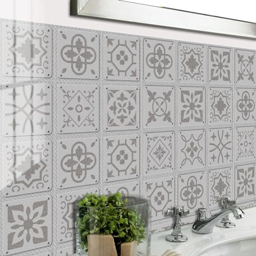Grueso Pegatinas De Baldosas, Azulejos Adhesivos Cocina Vinilo Adhesivo Muebles Pared Decoracion BañO, Suelo Autoadhesivo, Papel Vinilico Cocina Antisalpicaduras, Placa de hierro de flor gris
