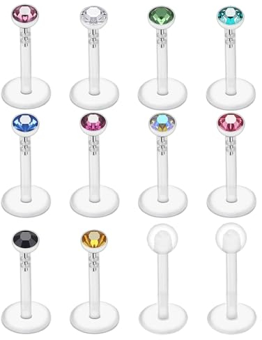 Gojewen 12er Plastik Lippenpiercing 1,2mm Flexibeler Kunststoff Labret Stecker 8mm mit Kristall Bioflex Piercing Lippe