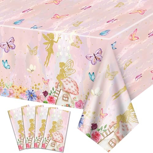 4Pcs Fairy Tischdecken - Fairy Birthday Party Tischdecke, Bunte rechteckige Frühling Floral für Prinzessin Blume Fee Party Supplies, 130 x 220 cm
