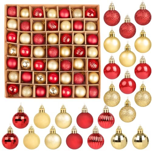SULOLI Mini Christmas Tree Baubles,49PCS Mini Shatterproof Decorative Hanging Ornaments Balls Christmas Tree Decor(Red&Gold)