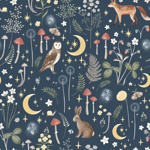 Enchanted Twilight Navy Wallpaper - Floral Flowers Animal Print Woodland - Trendy Playroom Nursery Feature Wall