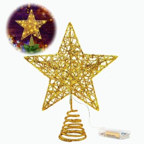Golden Christmas Tree Star Topper Lighted, LED Warm Light Tree Topper, Pentagram Christmas Topper Light for Family Gathering Mall Hotel Decoration (25 * 30CM)