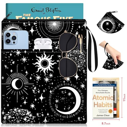 OffiEase Book Sleeve Pouch Cover Protector - Paperback Hard Book Booksleeve with Zipper Reading Accessories for Bookish Lovers Women Readers Sun Moon