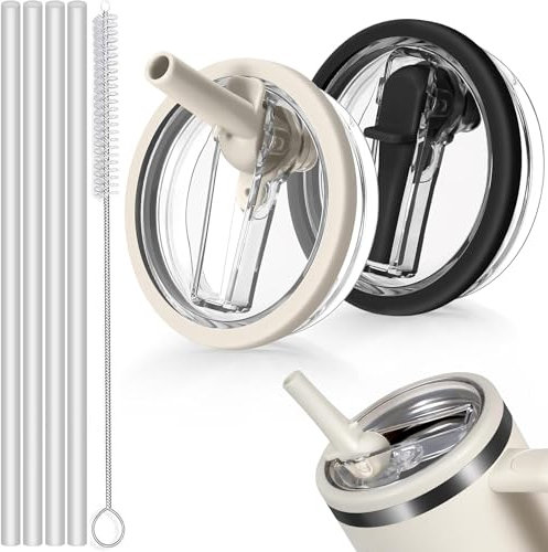 Sunshine Smile Lot de 2 couvercles anti-fuite pour Stanley Cup 100 ml avec 4 pailles et 1 brosse à paille en plastique noir