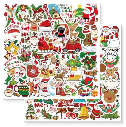 JEYORZY 100 Pegatinas Navideñas DIY: Papá Noel, Muñeco de Nieve, Duende y Reno; Decora tu Estuche, Oficina, Portátil, Puerta, Ventana y Tarjetas, Ideal para Niños y Adultos en Navidad