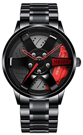 Herren-Armbanduhr aus Edelstahl, mit drehbarem Autofelgennaben-Design, Sportuhr, 3D-Hohlrad-Design für Männer und Jugendliche (rot), Armband