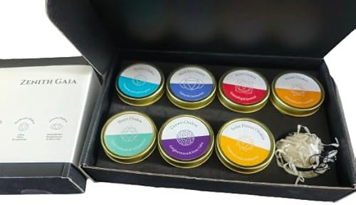 Zenith Gaia Chakra Kerzen Set – Handgegossene Duftkerzen mit Premium-Kristallen in edlen Blechschalen inklusive Chakra Armband – 7er-Set für Meditation, Stressabbau und spirituelle Balance
