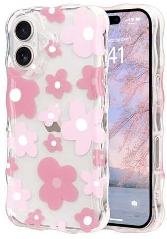 Micoden Cute Curly Wave Case for iPhone 16,Clear with Anti-Yellowing Flower Floral,Soft TPU Slim Bumper Shockproof Anti-Scratch Protective Wavy Cover for Girls Women-Pink