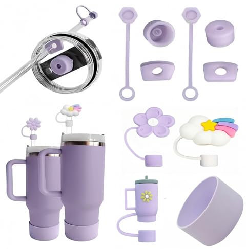 Ymoryiyi Stanley Cup Accessories Lot de 10 accessoires et accessoires – 6 couvercles anti-fuite, 3 couvercles à paille, 1 fond en silicone pour tasses Stanley de 1,2 l et 850 ml, violet