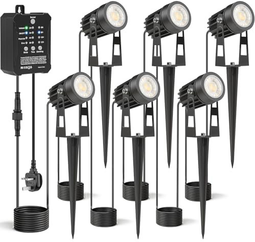 HIBOITEC Dimmbar Gartenbeleuchtung mit Transformator, 16M Fotosensor Gartenstrahler Led Außen Wasserdicht, 2700K Gartenbeleuchtung mit Strom, Timer Gartenlampen für Haus Hof (6 Stück, Warmes Licht)