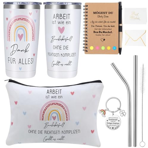 Xialvyu Persönliches Dankeschön Geschenk Set mit Thermosbecher, Notizbuch, Dankeskarte, Kosmetiktaschen, Schlüsselanhänger - Abschiedsgeschenk für Erzieherin Lehrer Kollegen