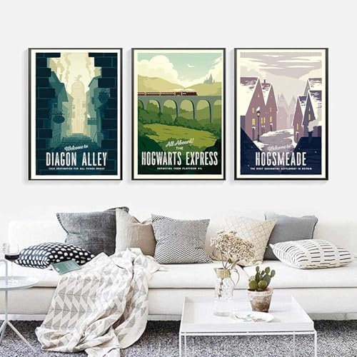 XIAXIAJIA Leinwandmalerei Dekorative Winkelgasse Hogwarts Express Hogsmeade Retro Wandkunst Poster,Vintage Kunst Reiselandschaft Wandbilder Home Office Decor ohne Rahmen (3X30x40cm)