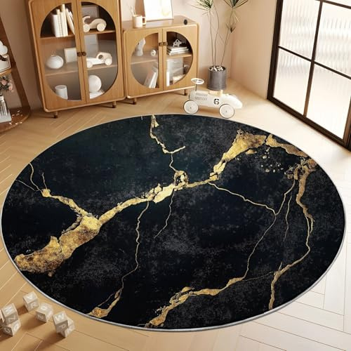 Generisch Rund Teppiche Wohnzimmer Schwarzer und Goldener Marmor 120 cm - Küche Jugendzimmer Esszimmer Flur und Schlafzimmer Kurzflor Teppich Gegend Extra Weich Pflegeleicht