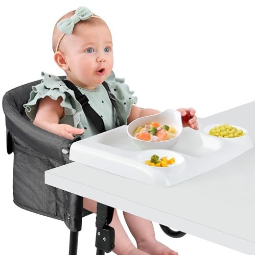 Tischsitz Baby mit 5-Punkt-Sicherheitsgurt Tragbarer Baby Hochstuhl Schnelle Anpassung Sicherheitsgurt und Tragetasche für Tischdicken von 2,5 bis 7,5 cm(Dunkelgrau,mit Tablett)