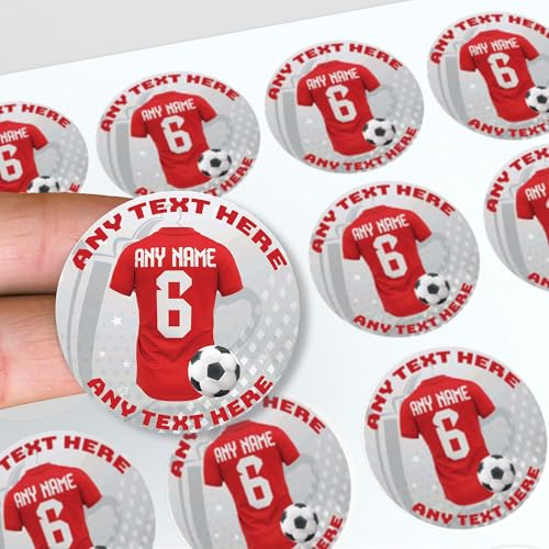 Personalised Football Stickers, Jersey Design 45mm, with Any Text, Name and Number for Decorating Party Bags, Sweet Cones, Cake Boxes, Beer Bottles (Manchester Colours, 48 Pack)