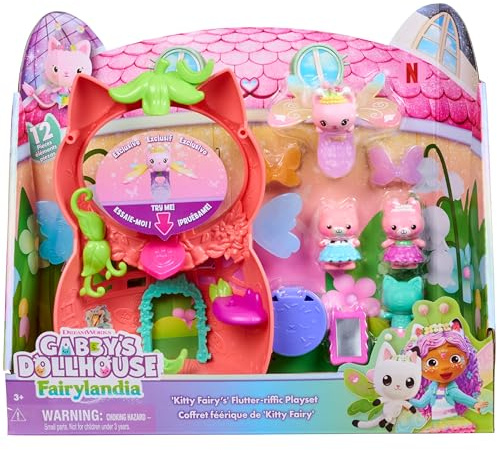 Gabby's Dollhouse Fairylandia, Kitty Fairy’s Flutter-riffic Playset | 12-Piece Set, Exclusive Fluttering Ring, Dress Up 2 Kitty Bear Figures, Kids Toys for Girls & Boys Ages 3+