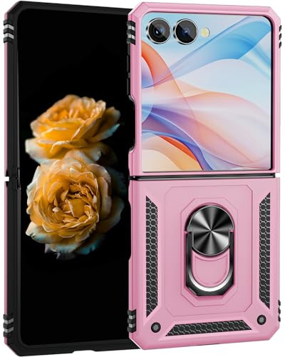 Compatible with Samsung Galaxy Z Flip 7 Hülle mit Scharnierschutz, 360° drehbarer magnetischer Ring Ständer Militärtaugliches Handyhülle - Rosa