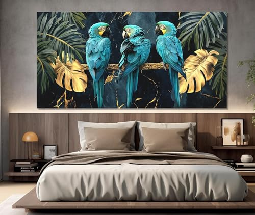 CAOXTART Wandbild auf Leinwand mit exotischen Papageien auf goldenem Ast, buntes Papageien-Poster, Vogelgemälde, Wandkunst, Dekoration, Bilder (70 x 140 cm/Innenrahmen)