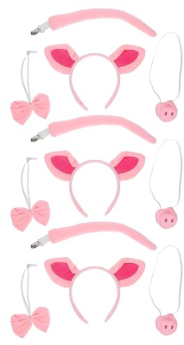 HANABASS 3ensemble Costume Cochon Rose Serre-tête Oreilles Nez Queue et Nœud Accessoires de Déguisement pour Halloween et Cosplay Animalier