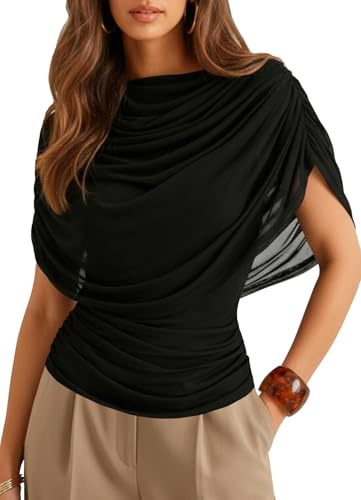 HAWILAND Tank Top Damen 2 in 1 Elegantes Oberteil mit Mesh Poncho Gerafftes Ärmellose Bluse für Festival Party Schwarz S