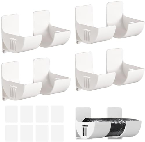 TAIHE 4 Pairs Bin Bag Holder Self-Adhesive, No Punching Plastic Bag Holder, Foil Dispenser, Wall Mounted Film Wrap Organizer for Tin Foil, Cling Film, TrashBag (White)