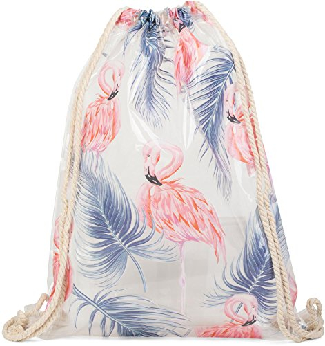 styleBREAKER transparenter Turnbeutel mit Flamingo und Palmen Print, wasserabweisend, Sportbeutel, Rucksack, Beutel, Unisex 02012250, Farbe:Rosa-Blau