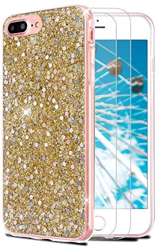 Feyten iPhone 8 Plus/iPhone 7 Plus Hülle mit Displayschutz [2 Stück], Bling Glänzend Glitzer Weich TPU Silikon Etui Cover Schale Schutzhülle für Apple iPhone 8 Plus/7 Plus 4,7 (Gold)