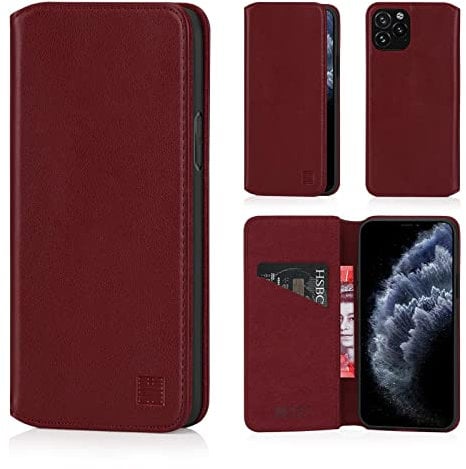 32nd Classic Series 2.0 - Real Leather Book Wallet Flip Case Cover For Apple iPhone 11 Pro (5.8), Real Leather Design With Card Slot, Magnetic Closure and Built In Stand - Burgundy