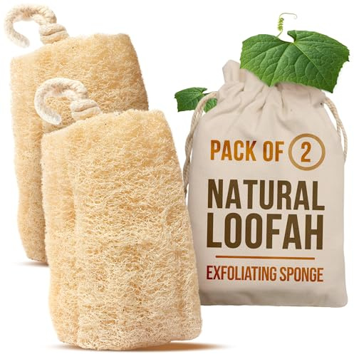 SERRENTO Natural Loofah Sponge – Egyptian Luffa Body Scrubber Pack of 2 for Men & Women, Natural Bath & Shower Loofah Exfoliator, All Natural Loofah Sponges for Face Back & Body, 6 x 6