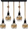 DC VOLTAGE Retro 5 Head Ceiling Pendant Light Metal Hemp Rope Covered Bird Cage Lampshade with Adjustable Cable Rectangle Canopy Lamp for Dining Room Hallway Restaurant Cafe Bedroom Kitchen