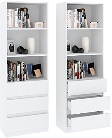 Framire B-3 Büro Bücherregal in Weiß, 3 Regale, 2 Schubladen, Bücherregal für Wohnzimmer, Schlafzimmer, Studio, Büro 180 x 60 x 33 cm