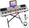 MUSTAR - Teclado de piano eléctrico de 61 teclas, teclado de piano eléctrico MEKS-400 con teclas iluminadas, teclados de aprendizaje para principiantes, soporte de piano, visualización LCD,