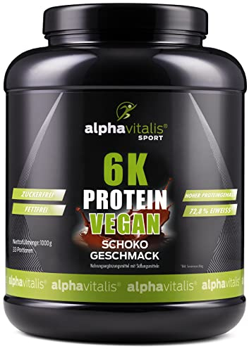 PROTEINPULVER VEGAN Schoko - 6K Mehrkomponentenprotein 1 Kg - pflanzlicher Eiweiß Shake zuckerfrei fettfrei laktosefrei - hoher Proteingehalt - ideal zum Kochen und Backen - Eiweißpulver vegan