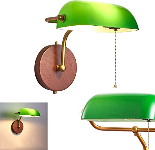 Wandleuchte mit Zugschalter Retro Bankerlampe E27 Wandlampe Bettlampe Leselampen, Verstellbare Grün Glas Lampenschirm, Holzoptik Füße, Vintage Innen Wandbeleuchtung für Schlafzimmer Wohnzimmer Loft