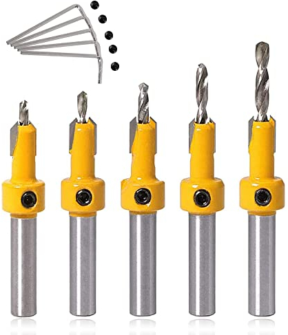 Mesee 5 Stück HSS Senker Bohrer Set, 8mm Schnellarbeitsstahl Bohrer, Metallbohrer Schrauben Lochbohrer Fasen-Gegenbohrer für Holzbearbeitung, Kunststoff, Bohrlöcher mit Inbusschlüssel und Schraube