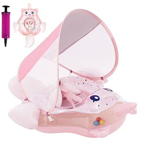 Baby Swimming Float Inflatable Baby Pool Float Baby Swimming Ring with UV Sun Protection Canopy and Manual Pump, Baby Swim Float with Safe Seat for Newborn Baby Learn to Swim