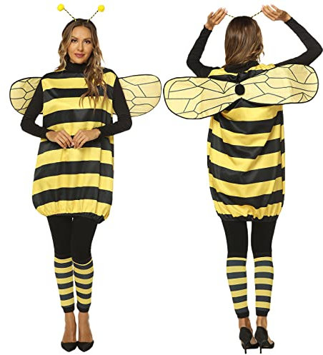 XIXIMAON Halloween Yellow Honey Bee Cosplay Outfits For Women 4pcs Party Dress Up Accessories Headdress+Striped Top+Wings+Socks (Yellow-Adult, Small)