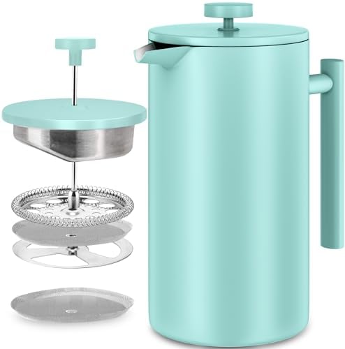 KICHLY 1000ml Stainless Steel French Press - Double Wall Coffee Press - Stainless Steel Plunger Coffee & Tea Maker (Sky Blue, 1.0 Ltr, Pack of 1)