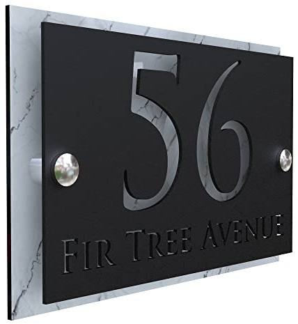 K Smart Sign | Simpatico | Modern laser Cut House Signs 3d effect door number address style sign plaques address numbers | 200mm x 130mm (White Marble & Matt Black)