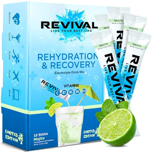 Revival Rapid Rehydration Electrolytes Powder | High Strength Sachet Drink | Plant Based Hydration Electrolytes Sachets with Vitamins B1, B3, B5 & B12 | Mojito, 12 Pack