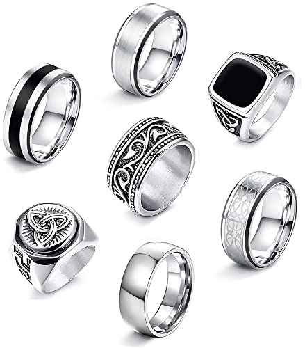 JeweBella 7 Stück Edelstahl Ringe für Herren - Silber Matt Poliert, Keltischer Knoten, Vintage Schwarz Siegelring, Gravur Gothic Biker Set für Männer
