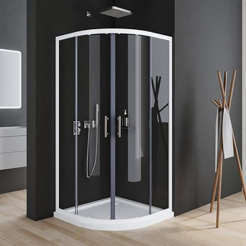 Duschkabine Viertelkreis 90x90x185cm Weiß Eckeinstieg Duschkabine Duschabtrennung Rund Dusche halbrund Dusche mit Schiebetüren aus 6mm ESG Sicherheitsglas, Duschtüren Radius 550mm