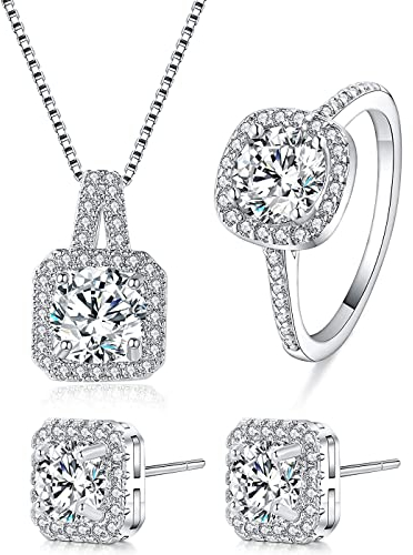 Silber Damen Schmuck Set, 925 Sterling Silber Halskette Ohrringe Ring Set, Schmuckset Halskette und Ohrringe Set mit 5A Zirkonia, Silber Luxus Hochzeit Schmuck Set, Geschenk zum Geburtstag