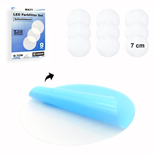 KROPP Selbstklebende Diffusorfolien für LED Lampen, 7 cm Kreiszuschnitt, Milchglasfolie für schöne Optik und Lichtstreuung, Filterset mit 9 Stück