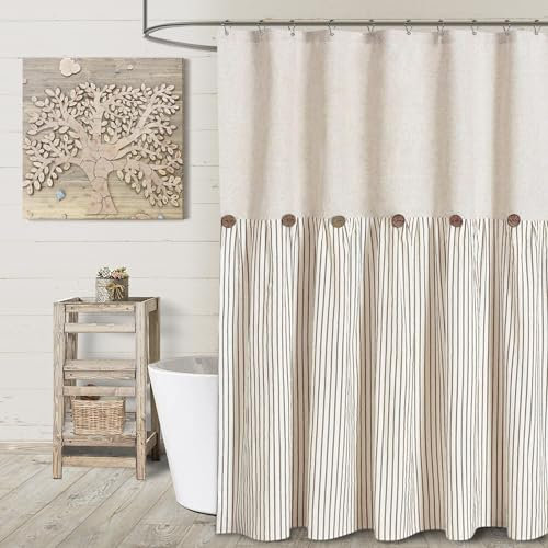 Awellife Rideau de douche rustique beige à boutons en tissu tissé texturé en lin, rayures beiges plissées, style campagnard, 183 x 213,4 cm (l x L)